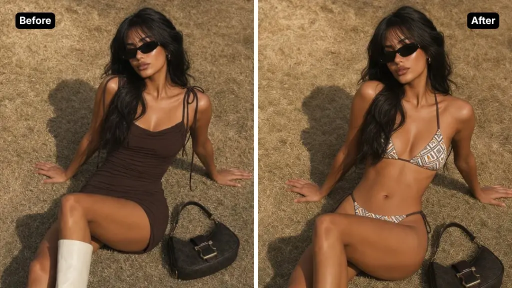 Before-and-after comparison of the same model styled in a different outfit using AI image editing on ChatImages