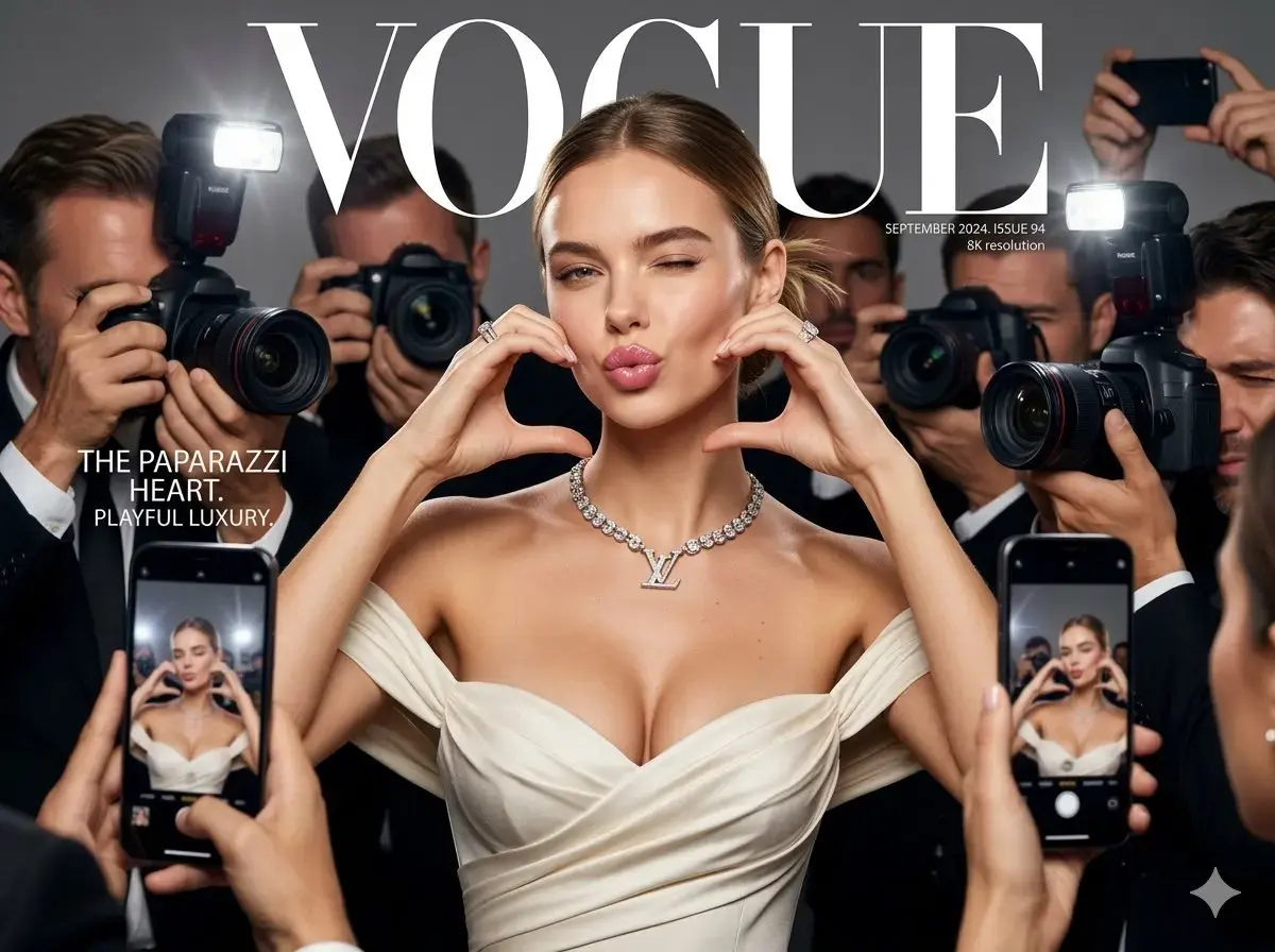 AI-generated Vogue-style magazine cover of a model surrounded by paparazzi photographers, created entirely from a text prompt on ChatImages